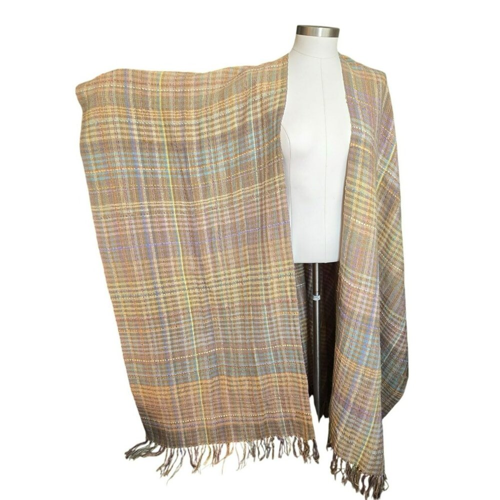 Laise Adzer Handwoven Plaid Cape Shawl Pastel Tan Multicolor Ribbon CM2057